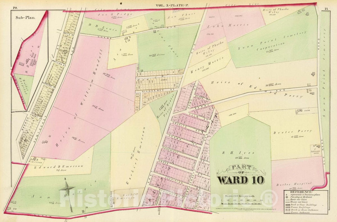 Historic Map : Part of Ward 10, (City of Providence). Vol. 3, Plate P, 1875 City Atlas - Vintage Wall Art