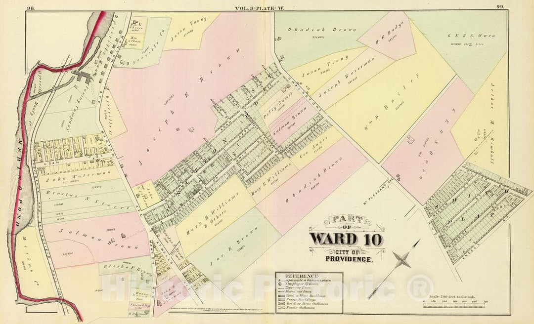 Historic Map : 1875 City Atlas - Part of Ward 10, City of Providence. Vol. 3, Plate W. - Vintage Wall Art