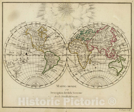Historic Map : Mappemonde ou Description Du Globe Terrestre, avec les Routes, et Decourvertes du Celebre Capitaine Cook, 1783, 1783, Gilles Robert de Vaugondy, Vintage Wall Art