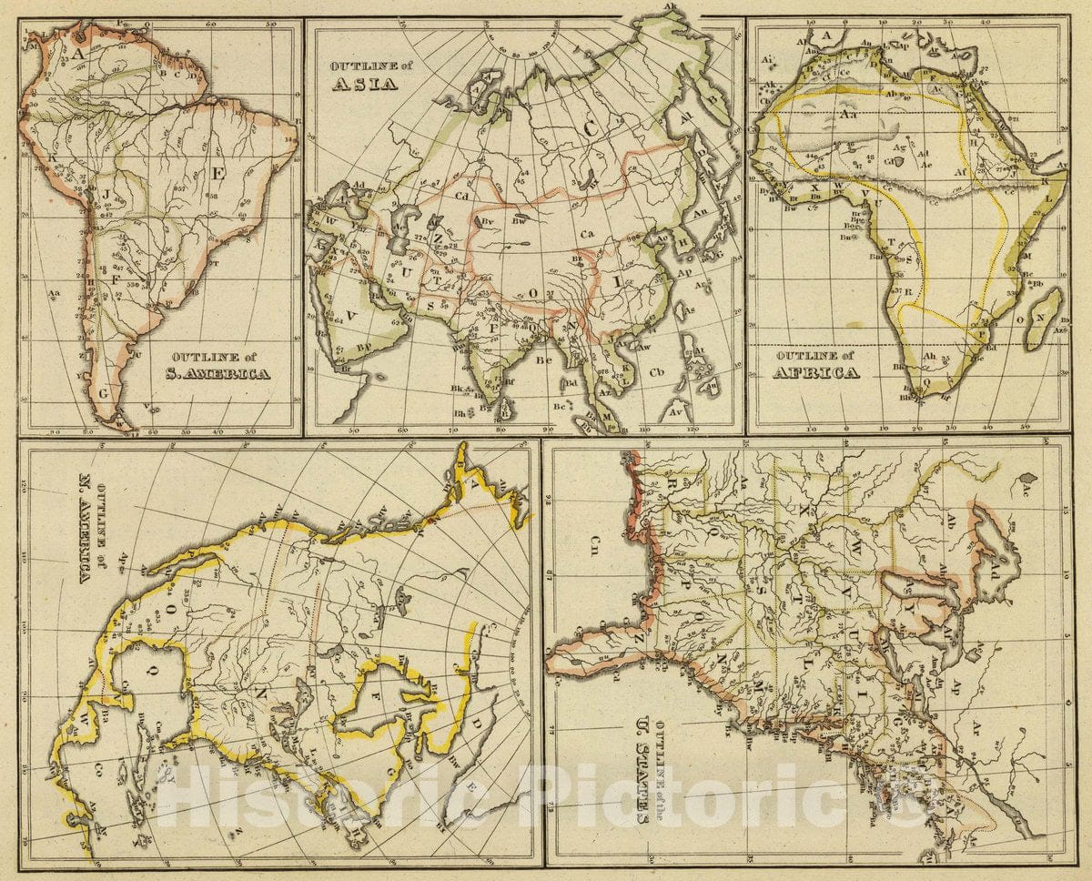 Historic Map : Outline Asia, S. America, etc, 1828 Atlas - Vintage Wall Art