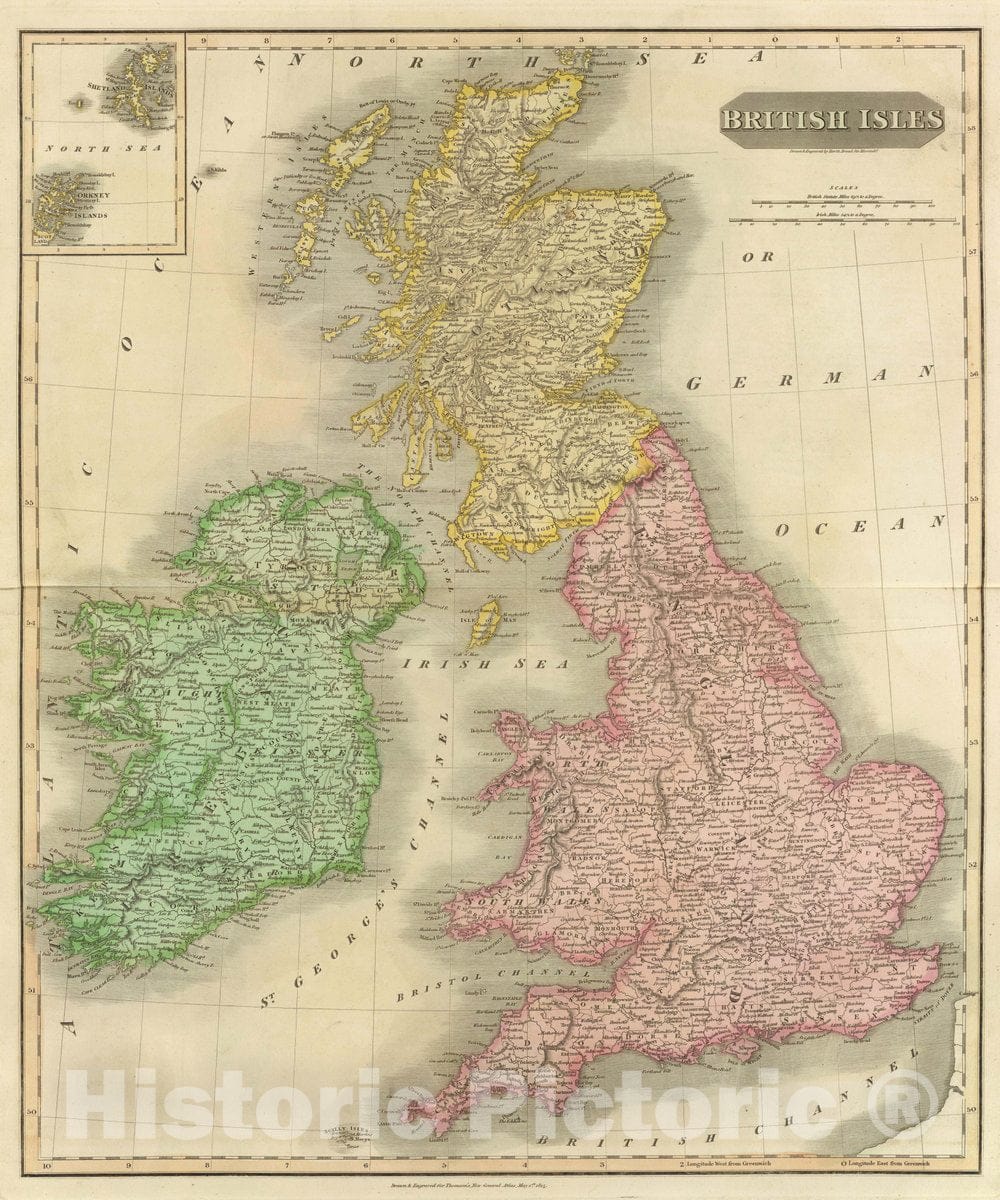 Historic Map : British Isles. Drawn & Engraved by Hewitt, Broad Str, Bloomsby. Drawn & Engraved for Thomson's New General Atlas, May 1st, 1815, 1815 Atlas - Vintage Wall Art