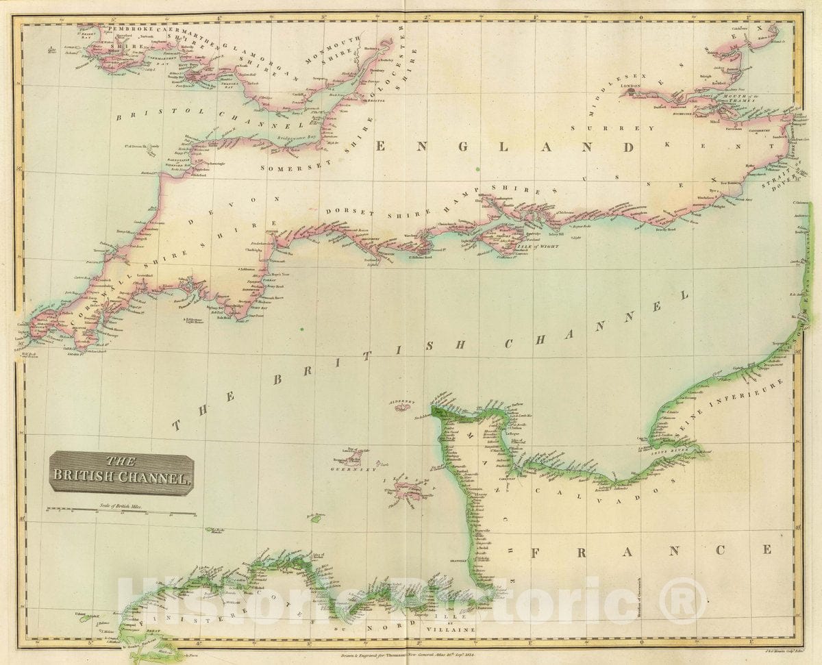 Historic Map : The British Channel. J. & G. Menzies Sculpt, Edinr. Drawn & Engraved for Thomson's New General Atlas, 16th Sept. 1814, 1814 Atlas - Vintage Wall Art
