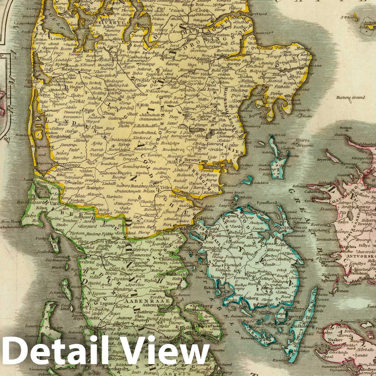 Denmark, Iceland, and Faroe Islands - Physical Map, 1814 - Historical Map Reproduction