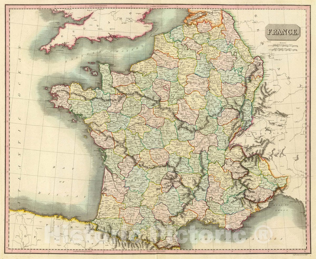Historic Map : France. Engd. by Kirkwood & Son, Edinr. (Drawn & Engraved for Thomson's New General Atlas, 1817), 1817 Atlas - Vintage Wall Art