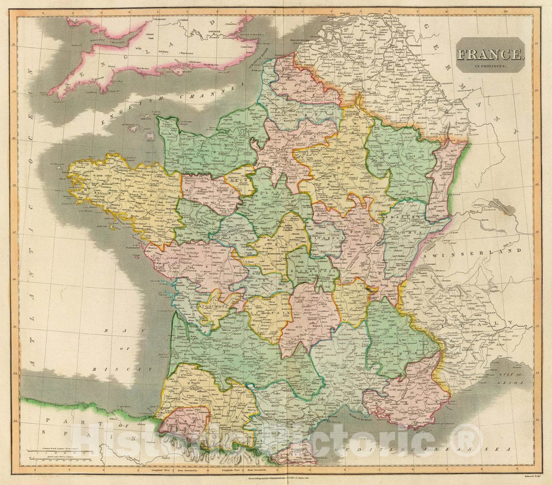 Historic Map : France, France, in Provinces. Kirkwood Sculpt. Drawn & Engraved for Thomson's New General Atlas, 12 August 1814, 1814 Atlas , Vintage Wall Art