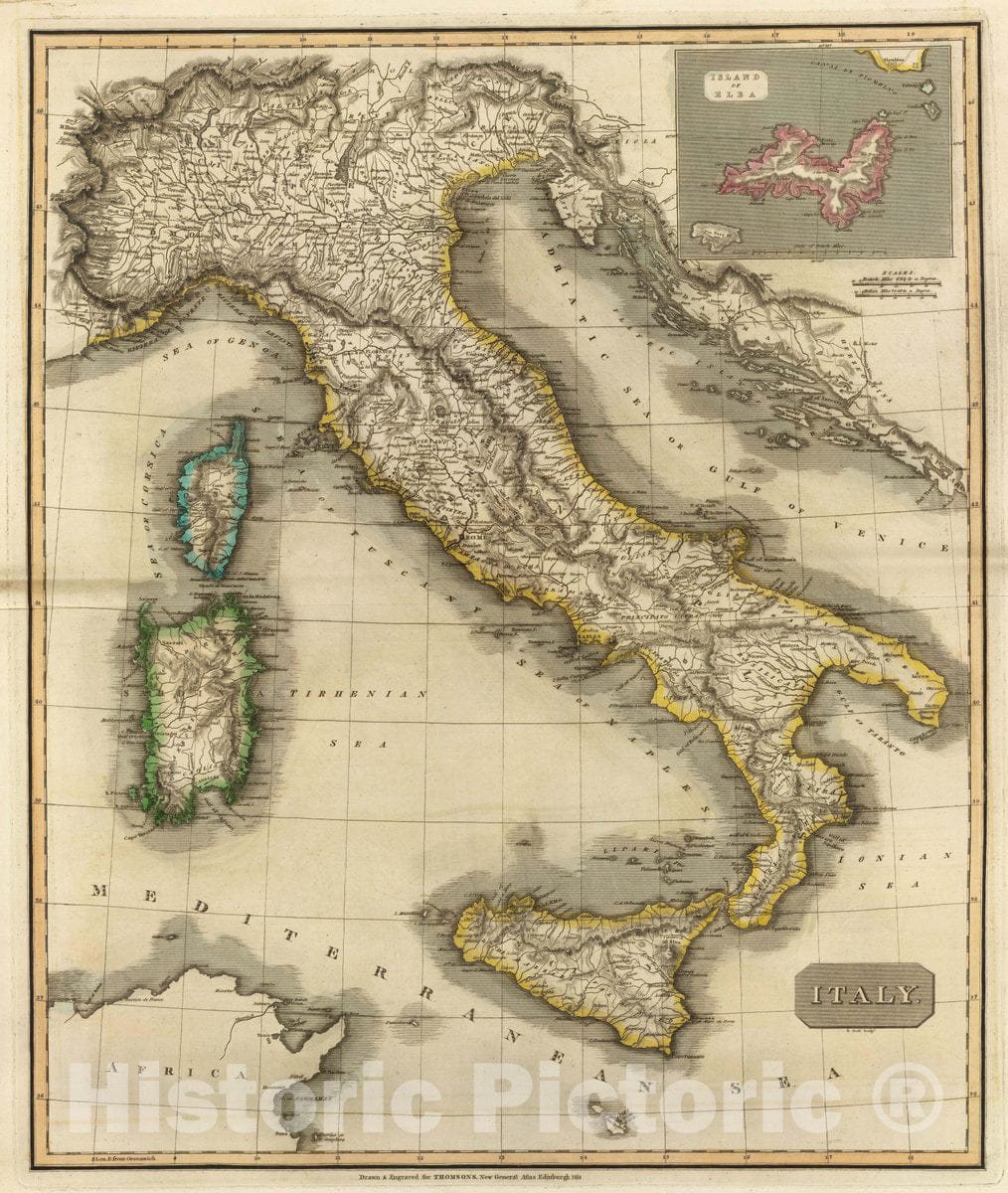 Historic Map : Italy. (with) Island of Elba. R. Scott, Sculpt. Drawn & Engraved for Thomson's New General Atlas, 1814, 1814 Atlas - Vintage Wall Art