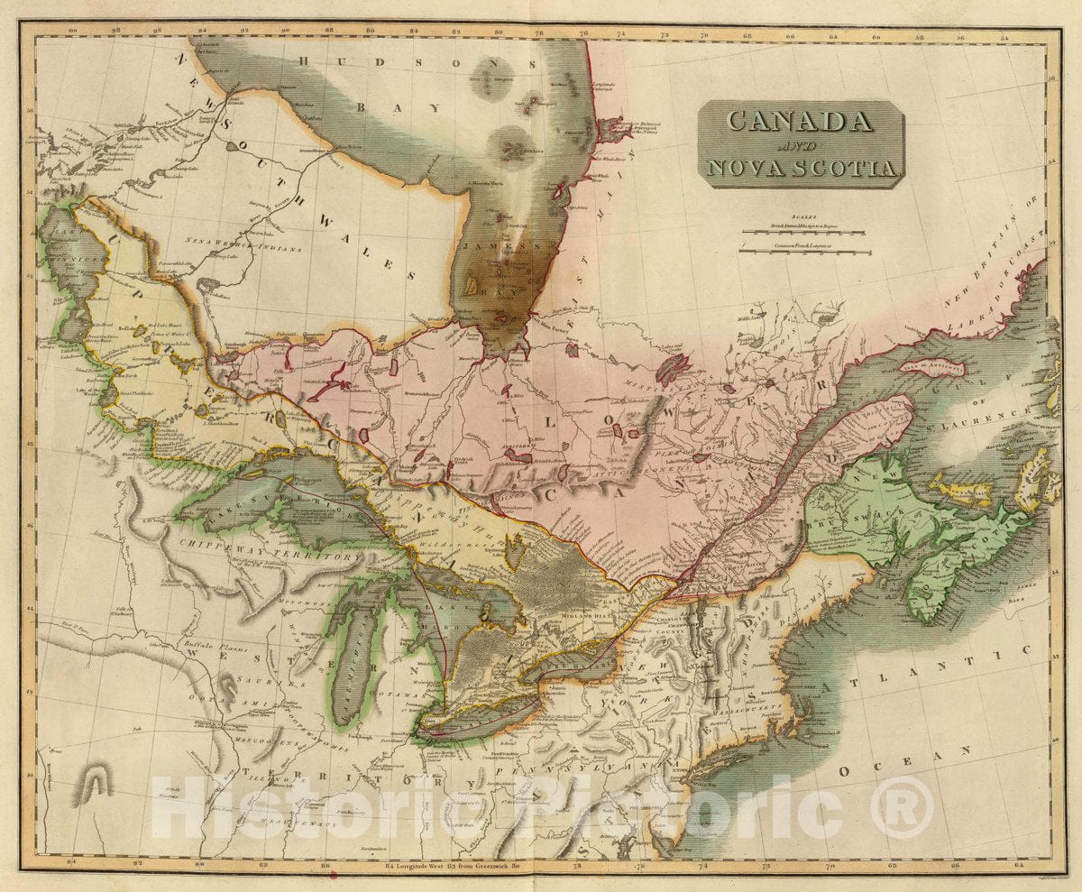 Historic Map : Canada and Nova Scotia. Engd. by W. Dassauville, Edinr. (Drawn & Engraved for Thomson's New General Atlas, 1817), 1817 Atlas - Vintage Wall Art