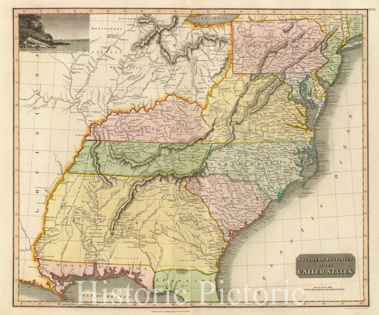 Historic Map : Southern Provinces of The United States. (with View) Characteristic Scenery of The Hudson River, 1817 Atlas - Vintage Wall Art