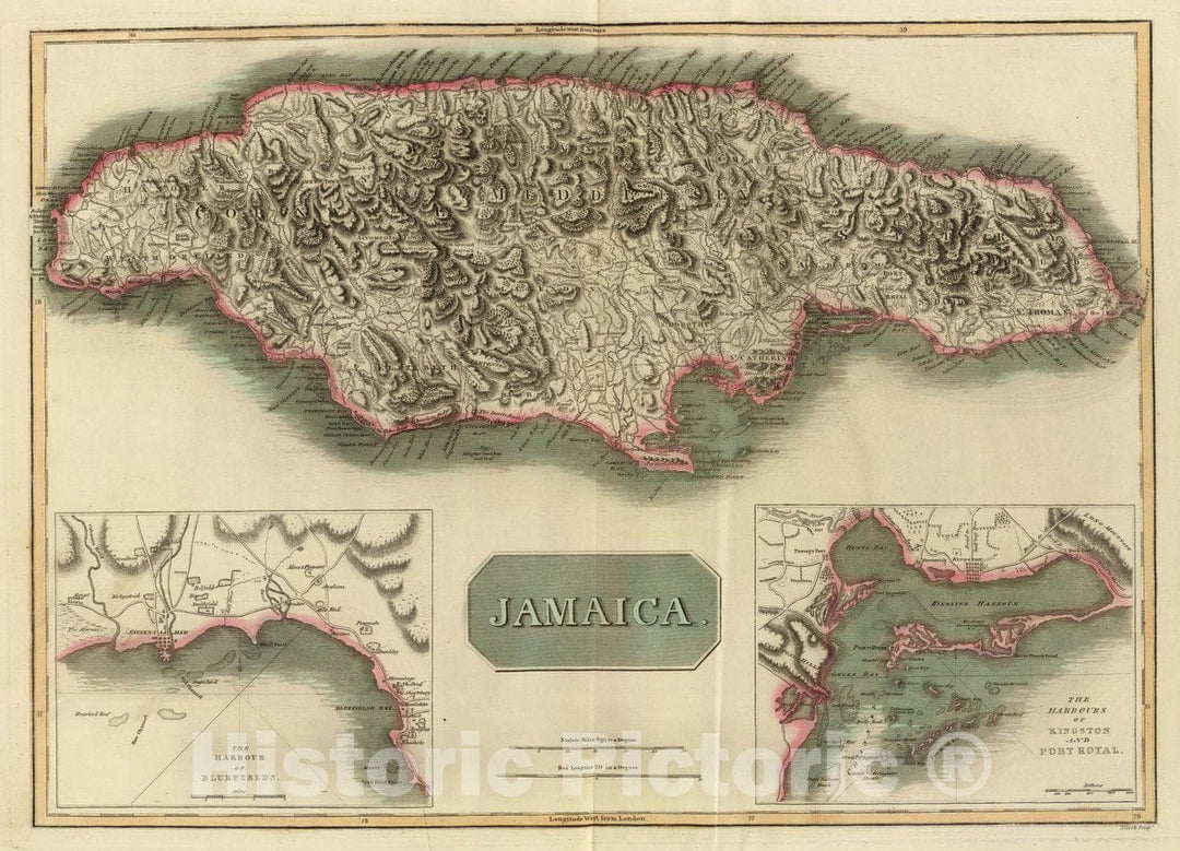 Historic Map : Jamaica. (with) The Harbour of Bluefields. (with) The harbours of Kingston and Port Royal. T. Clerk Sculpt, 1817 Atlas - Vintage Wall Art