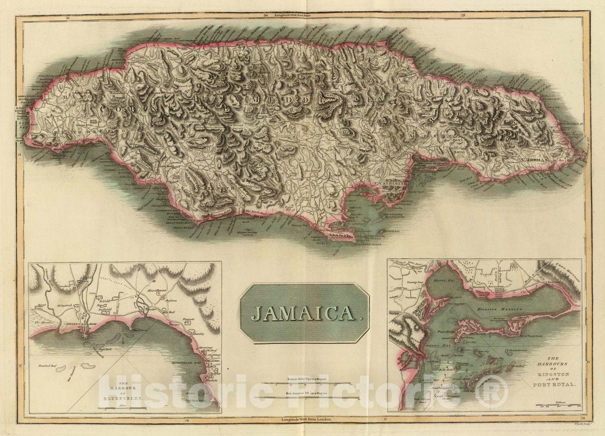 Historic Map : Jamaica. (with) The Harbour of Bluefields. (with) The harbours of Kingston and Port Royal. T. Clerk Sculpt, 1817 Atlas - Vintage Wall Art