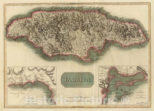 Historic Map : Jamaica. (with) The Harbour of Bluefields. (with) The harbours of Kingston and Port Royal. T. Clerk Sculpt, 1817 Atlas - Vintage Wall Art