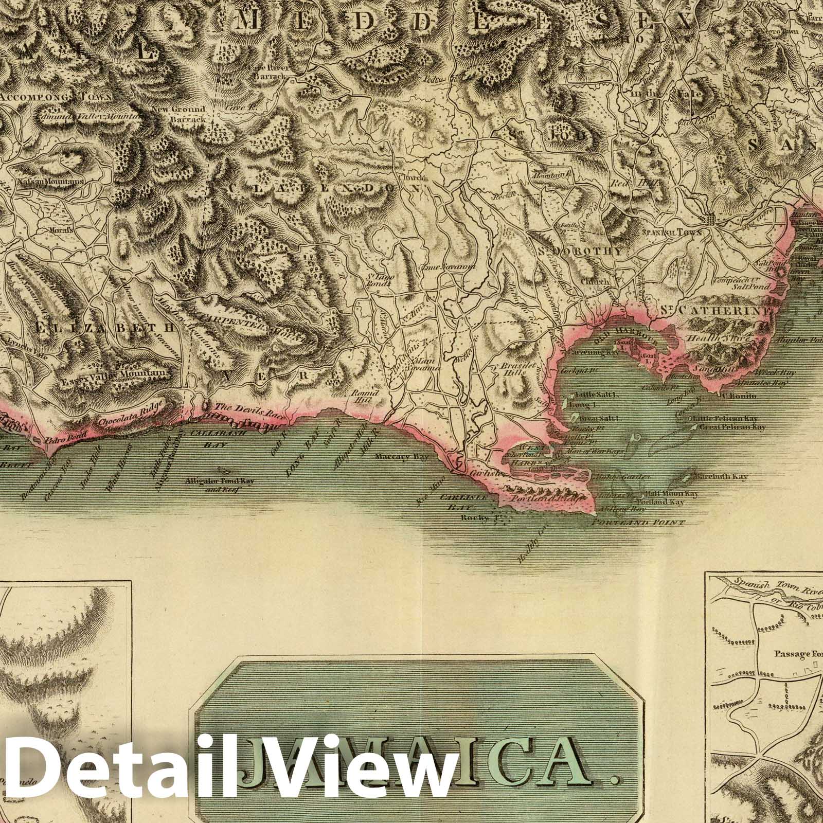 Jamaica with insets Kingston, Port Royal, Bluefields - Physical Map, 1817