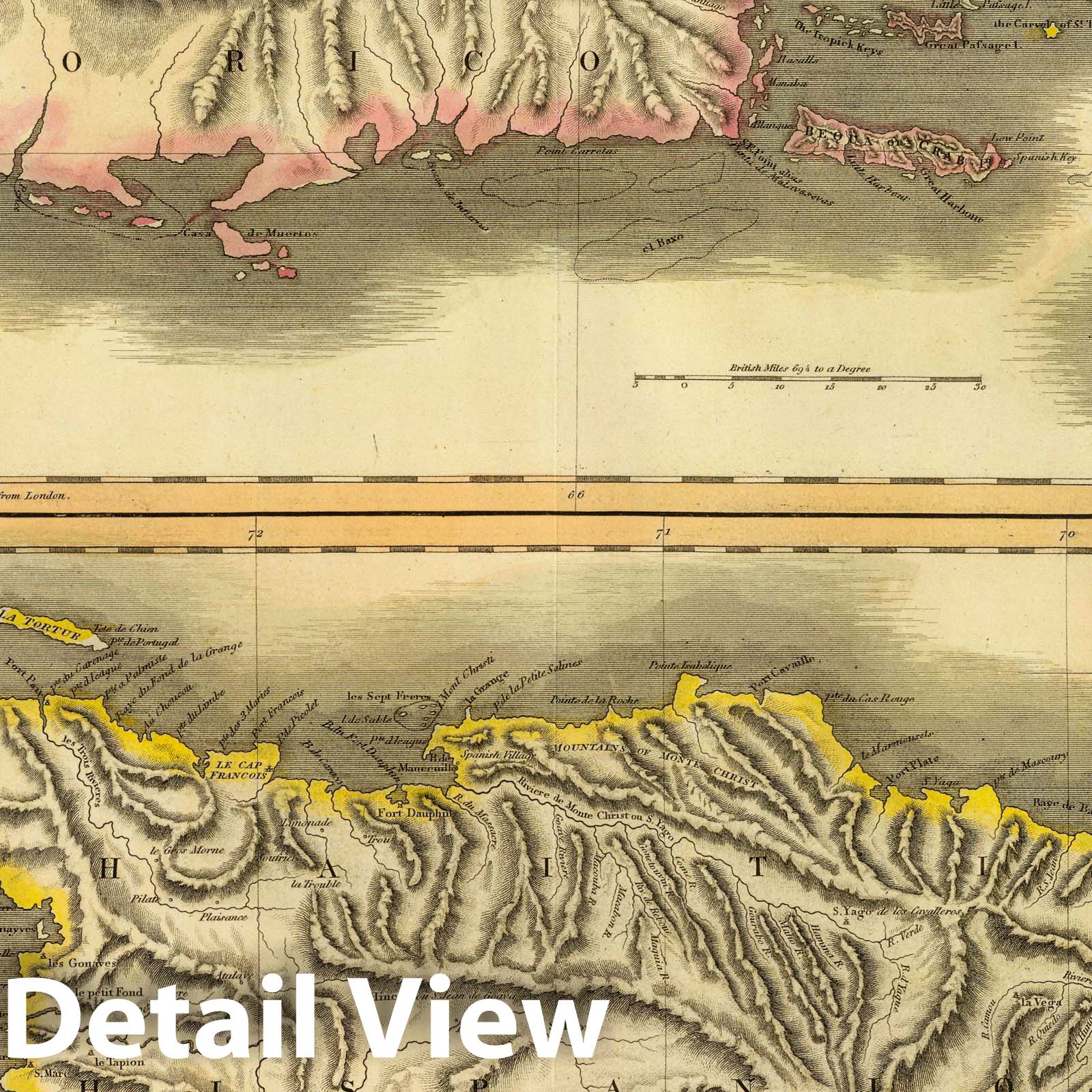 Puerto Rico, Virgin Islands, and Hispaniola - Physical Map, 1815