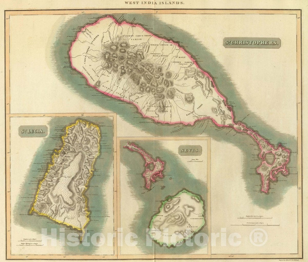 Historic Map : St. Christophers. (with) St. Lucia. (with) Nevis. West India Islands. Engraved by Kirkwood & Son, Edinburgh, 1817 Atlas - Vintage Wall Art