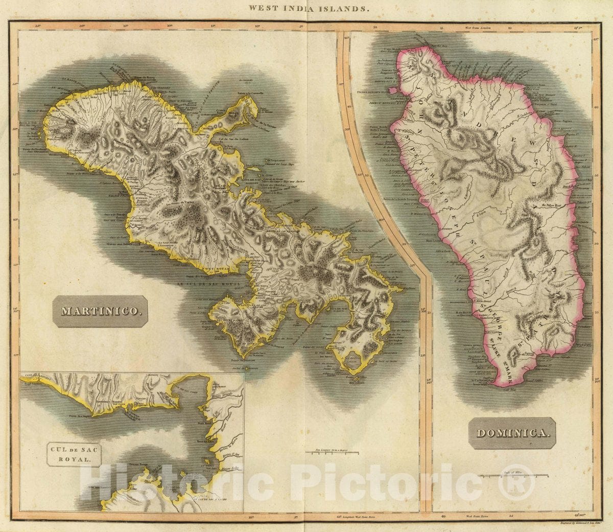Historic Map : Martinico. (with) Dominica. (with) Cul de Sac Royal. West India Islands. Engraved by Kirkwood & Son, Edinr, 1817 Atlas - Vintage Wall Art