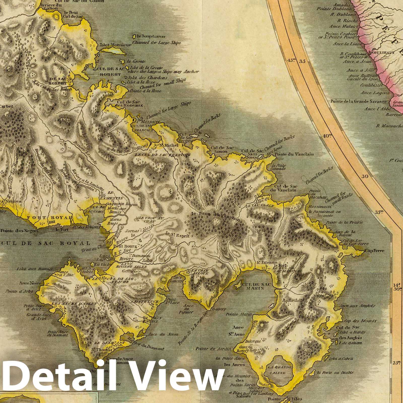Martinique and Dominica - Physical Map, 1817 - Historical Map Print