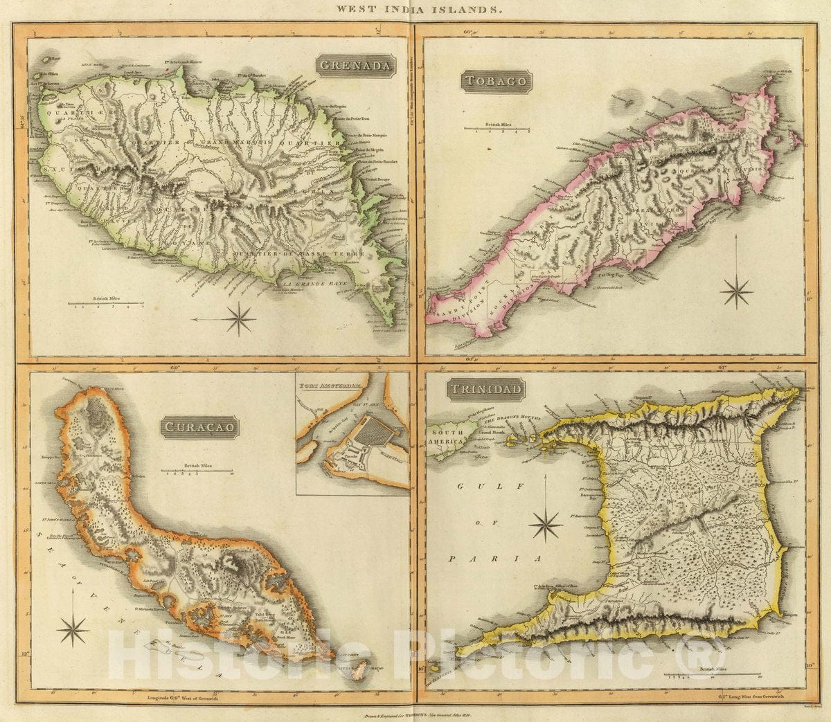Historic Map : Grenada; Trinidad and Tobago, Curacao Grenada, Tobago, Trinidad, Curacao, 1816 Atlas , Vintage Wall Art