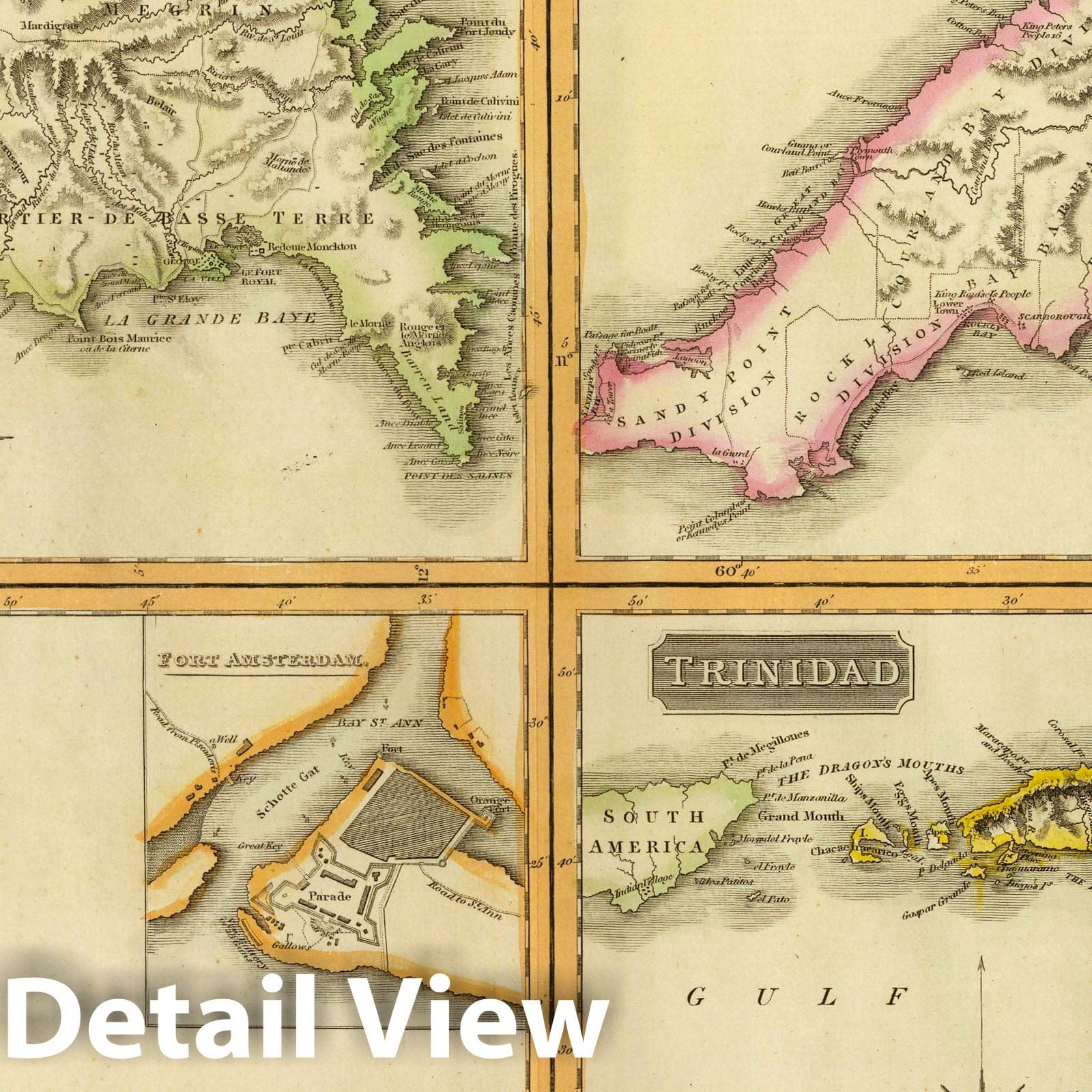 Grenada, Tobago, Trinidad, Curacao - Physical Map, 1816 - Historical Map Print