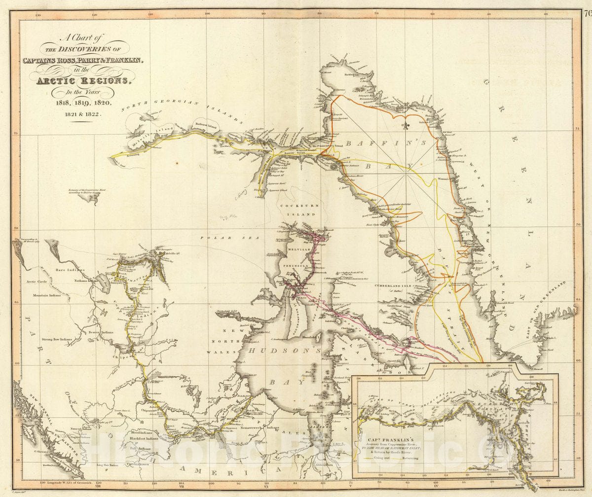 Historic Map : A chart of the discoveries of Captains Ross, Parry & Franklin in the Arctic Regions in the years 1818, 1819, 1820, 1821 & 1822. (with) Capt. Franklin', 1822Vintage Wall Art