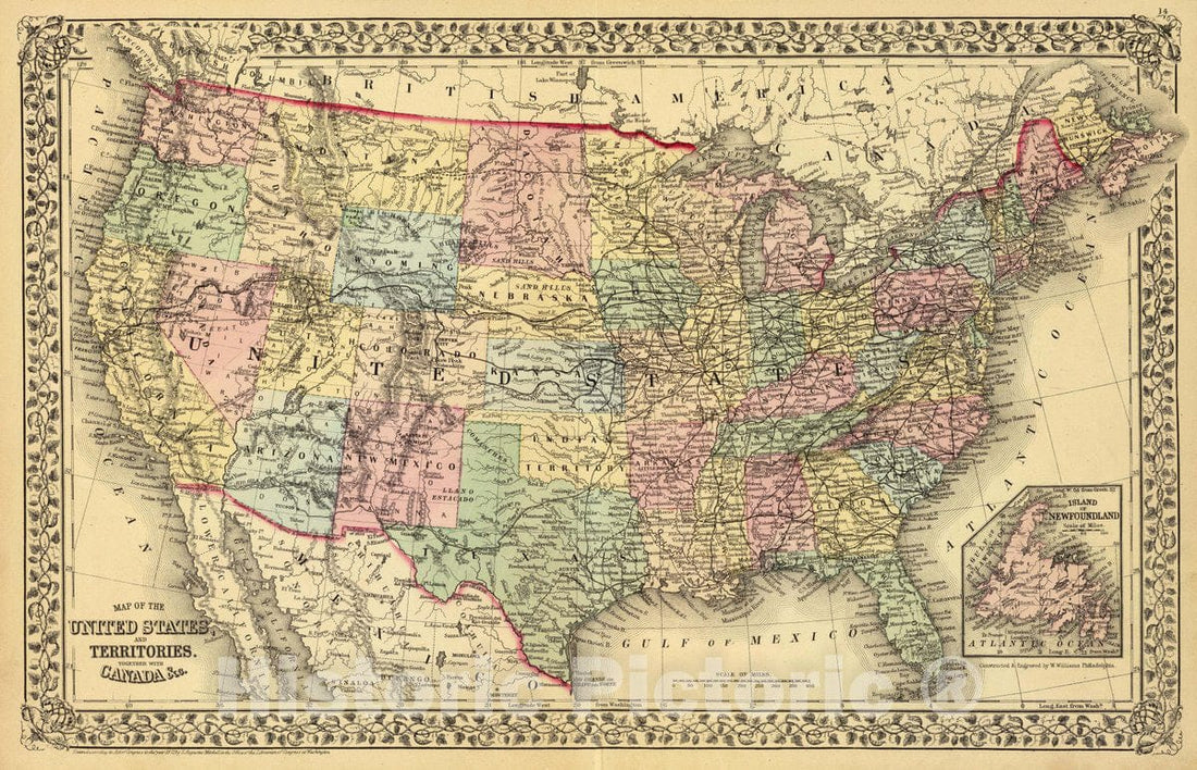 Historic Map : 1873 Map of the United States, and territories. Togethe ...