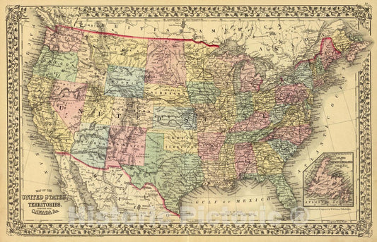 Historic Map : 1873 Map of the United States, and territories. Together with Canada &c. (with) Island of Newfoundland. Constructed & engraved by W. Williams