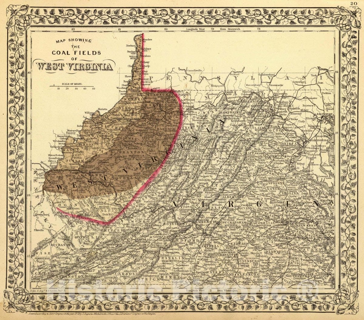 Historic Map : Map Showing The Coal Fields of West Virginia. Drawn & eng. by W.H. Gamble, Phila, 1873 Atlas - Vintage Wall Art