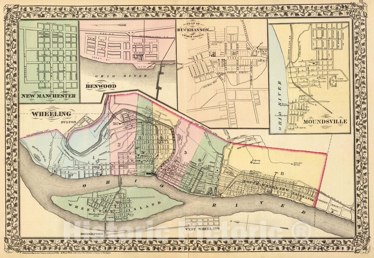 Historic Map : Wheeling. (with) New Manchester. (with) Benwood. (with) Plan of Buckannon, Upshur County. (with) Moundsville, 1873 Atlas - Vintage Wall Art