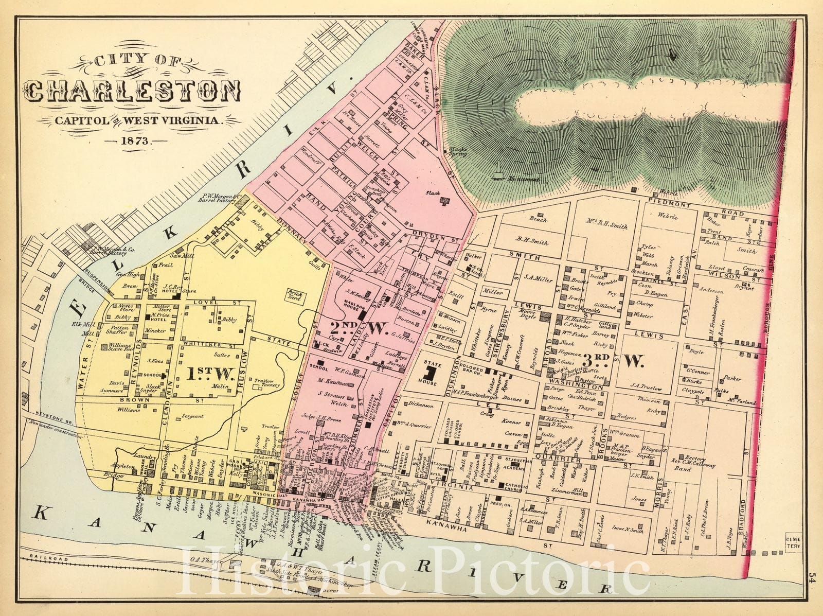 Charleston, West Virginia - Railroad Map, 1873 - Historical Map Print