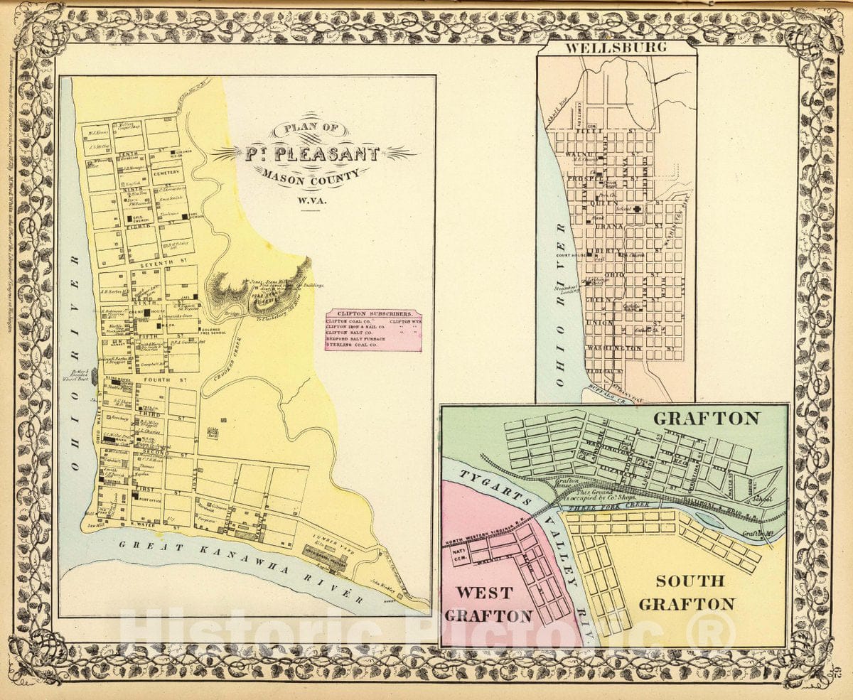 Historic Map : Plan of Pt. Pleasant, Mason County, W. Va. (with) Wellsburg. (with) Grafton, West Grafton, South Grafton, 1873 Atlas - Vintage Wall Art