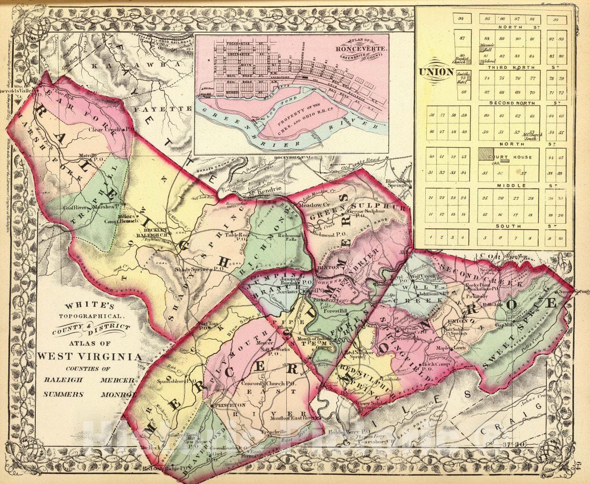 Historic Map : Raleigh, Mercer, Summers, Monroe Counties, 1873 Atlas - Vintage Wall Art