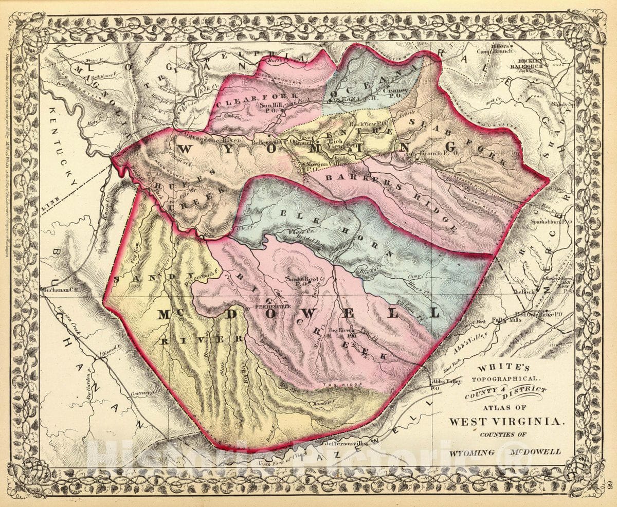 Historic Map : White's Topographical, County & District Atlas of West Virginia. Counties of Wyoming, McDowell, 1873 Atlas - Vintage Wall Art
