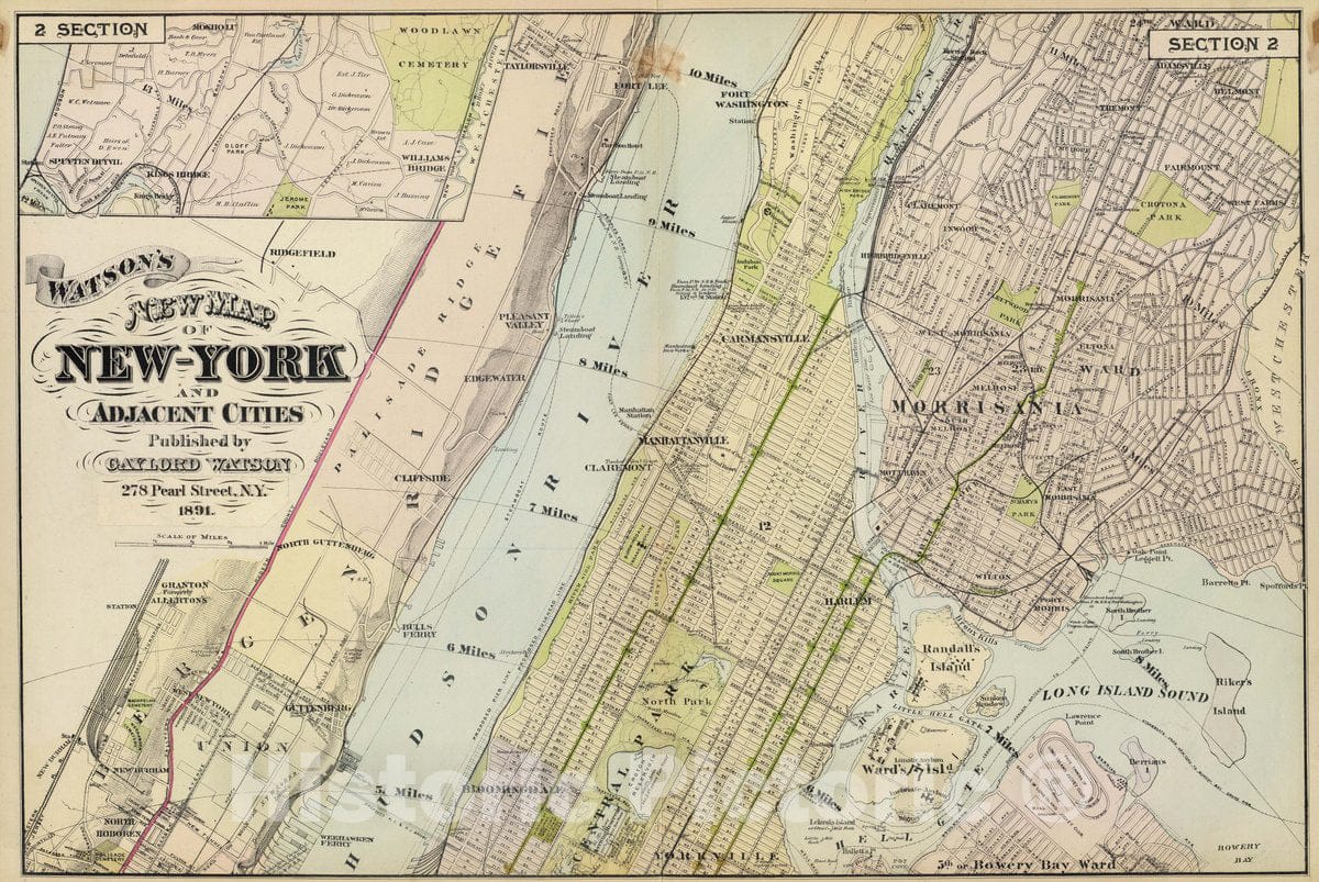 Historic Map : Watson's New map of New-York and Adjacent Cities. Published by Gaylord Watson, 278 Pearl Street, New York. 1891, 1891 Atlas - Vintage Wall Art