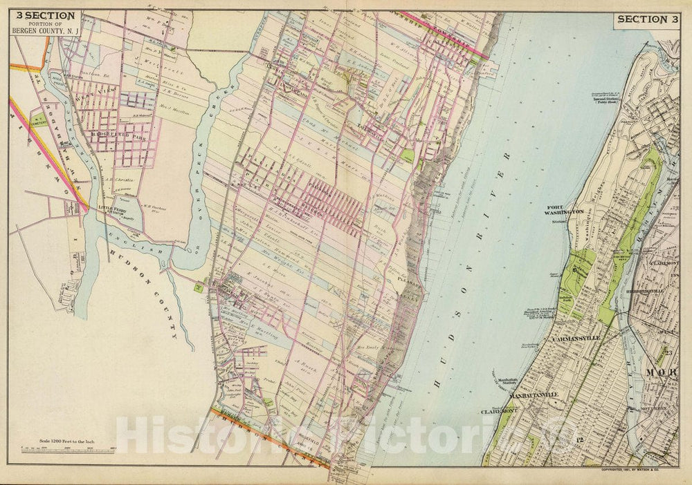 Historic Map : Fort Lee (N.J.), New Jersey, Hudson River Valley (N.Y. and N.J.) Portion of Bergen County, N.J. Copyrighted, 1891, Vintage Wall Art