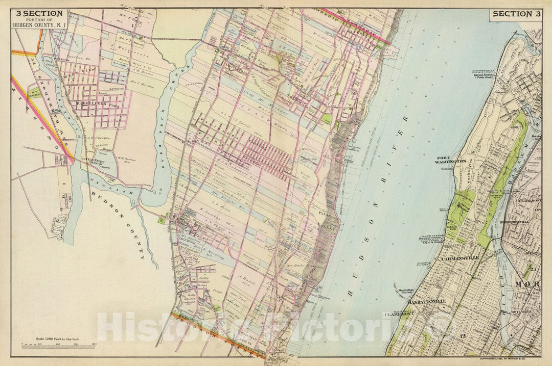 Historic Map : Fort Lee (N.J.), New Jersey, Hudson River Valley (N.Y. and N.J.) Portion of Bergen County, N.J. Copyrighted, 1891, Vintage Wall Art