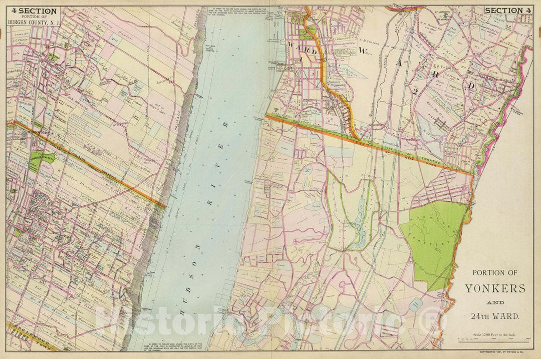 Historic Map : Portion of Yonkers and 24th Ward. Portion of Bergen County, N.J. Copyrighted, 1891, by Watson & Co, 1891 Atlas - Vintage Wall Art