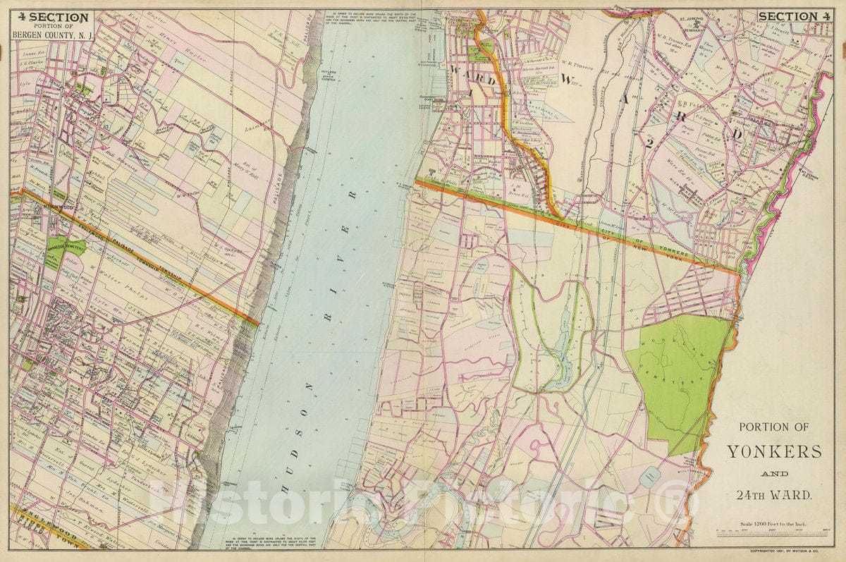 Historic Map : Portion of Yonkers and 24th Ward. Portion of Bergen County, N.J. Copyrighted, 1891, by Watson & Co, 1891 Atlas - Vintage Wall Art