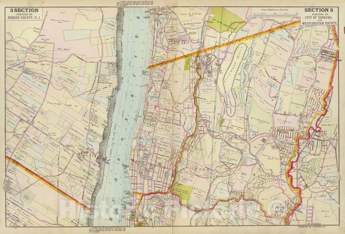 Historic Map : Portion of Bergen County, N.J. Portion of City of Yonkers and Westchester County. Copyrighted, 1891, by Watson & Co, 1891 Atlas - Vintage Wall Art