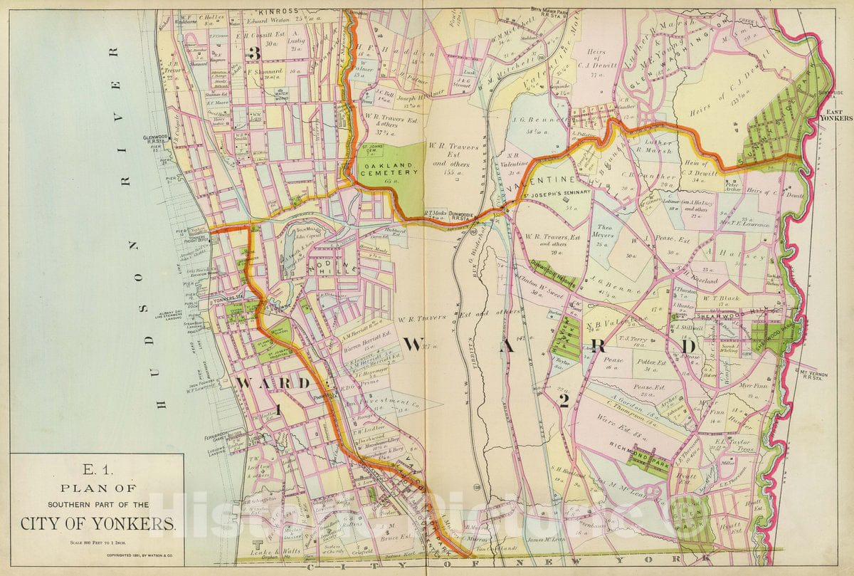 Historic Map : Plan of Southern Part of The City of Yonkers. Copyrighted, 1891, by Watson & Co, 1891 Atlas - Vintage Wall Art