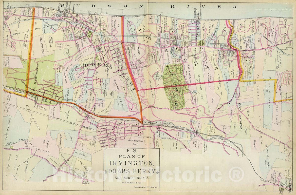 Historic Map : Plan of Irvington, Dobbs Ferry and surroundings. Copyrighted, 1891, by Watson & Co, 1891 Atlas - Vintage Wall Art