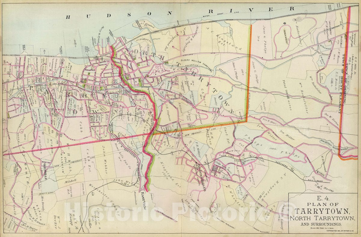 Historic Map : Plan of Tarrytown, North Tarrytown and surroundings. Copyrighted, 1891, by Watson & Co, 1891 Atlas - Vintage Wall Art