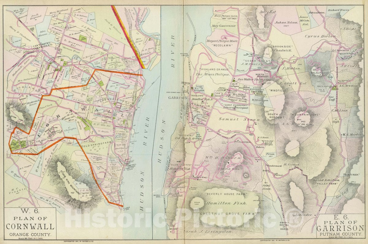 Historic Map : Plan of Cornwall, Orange County. Plan of Garrison, Putnam County. Copyrighted, 1891, by Watson & Co, 1891 Atlas - Vintage Wall Art