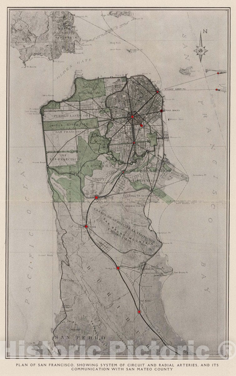 Historic Map : 1905 City Atlas - San Francisco, System of Circuit, Radial Arteries. - Vintage Wall Art