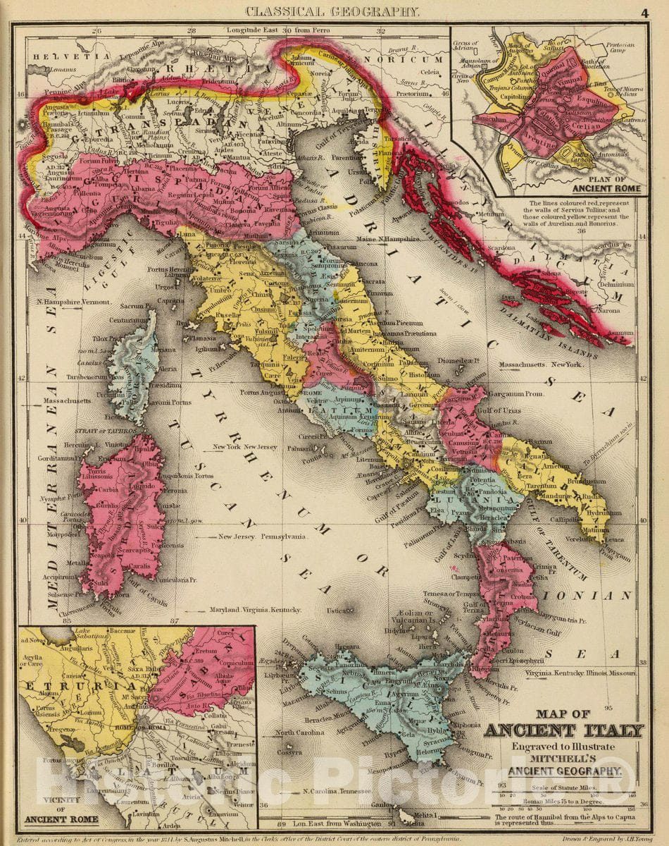 Ancient Italy with insets Plan of Ancient Rome, Vicinity of Ancient Rome, 1875 - Historical Map Print