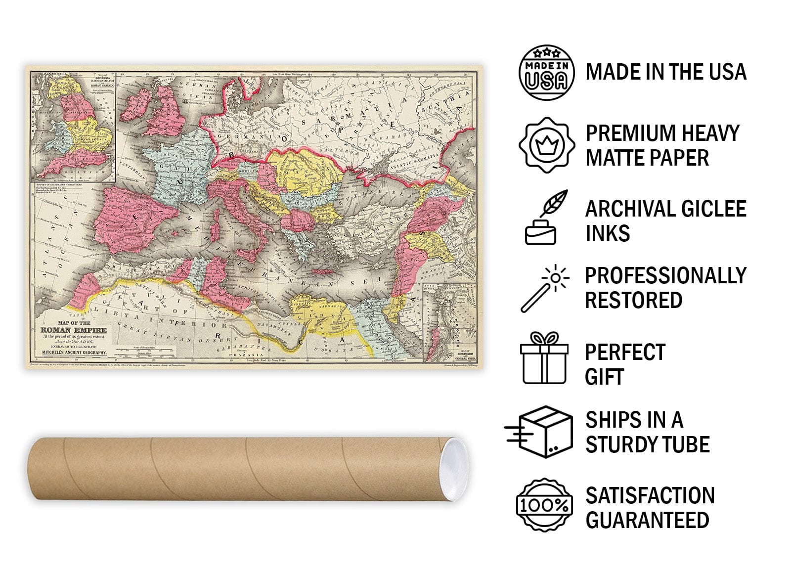 Roman Empire at Its Greatest Extent, 1875 - Historical Map Print