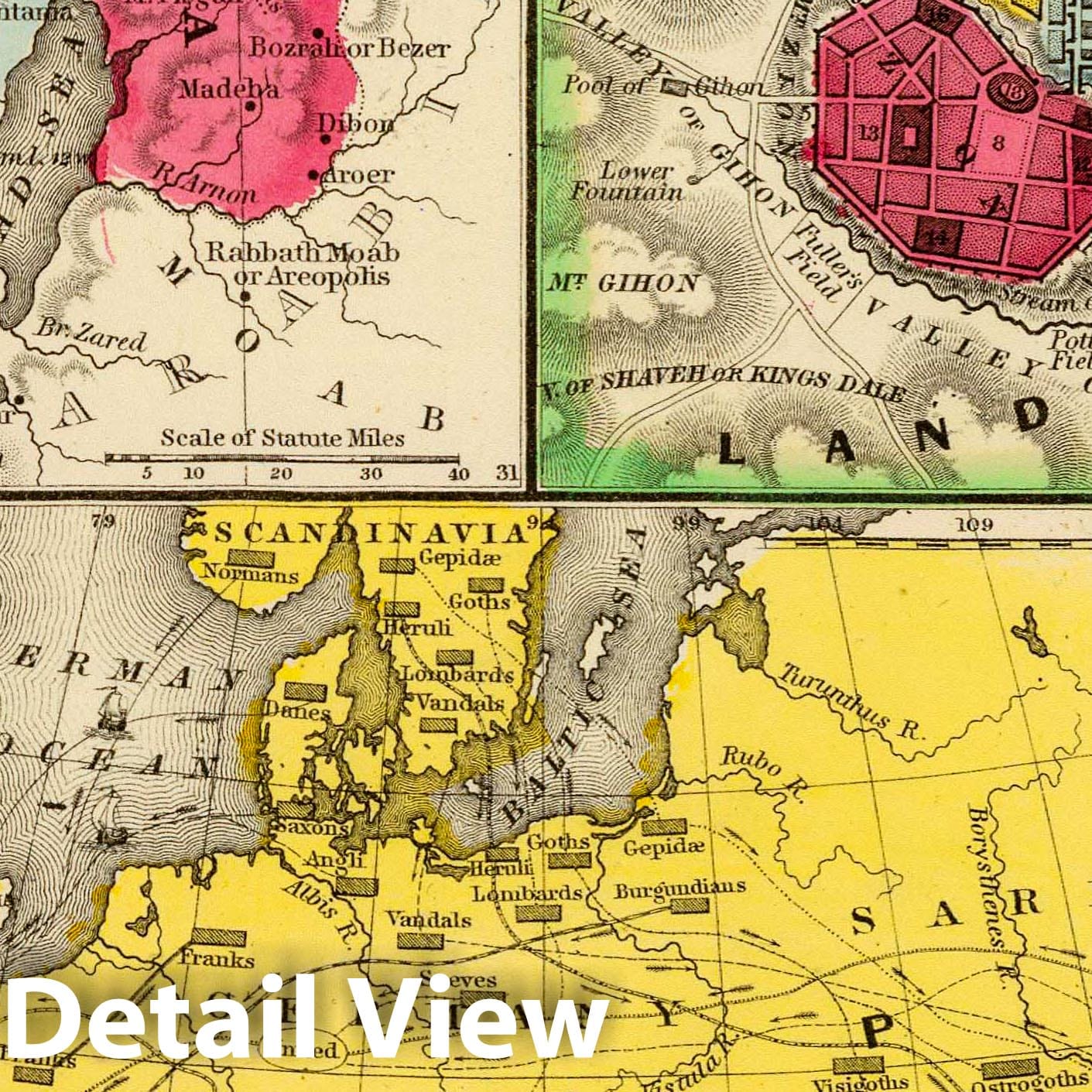 Barbarian Incursions, Roman Empire, with Jerusalem and Palestine Insets, 1875 - Historical Map Print