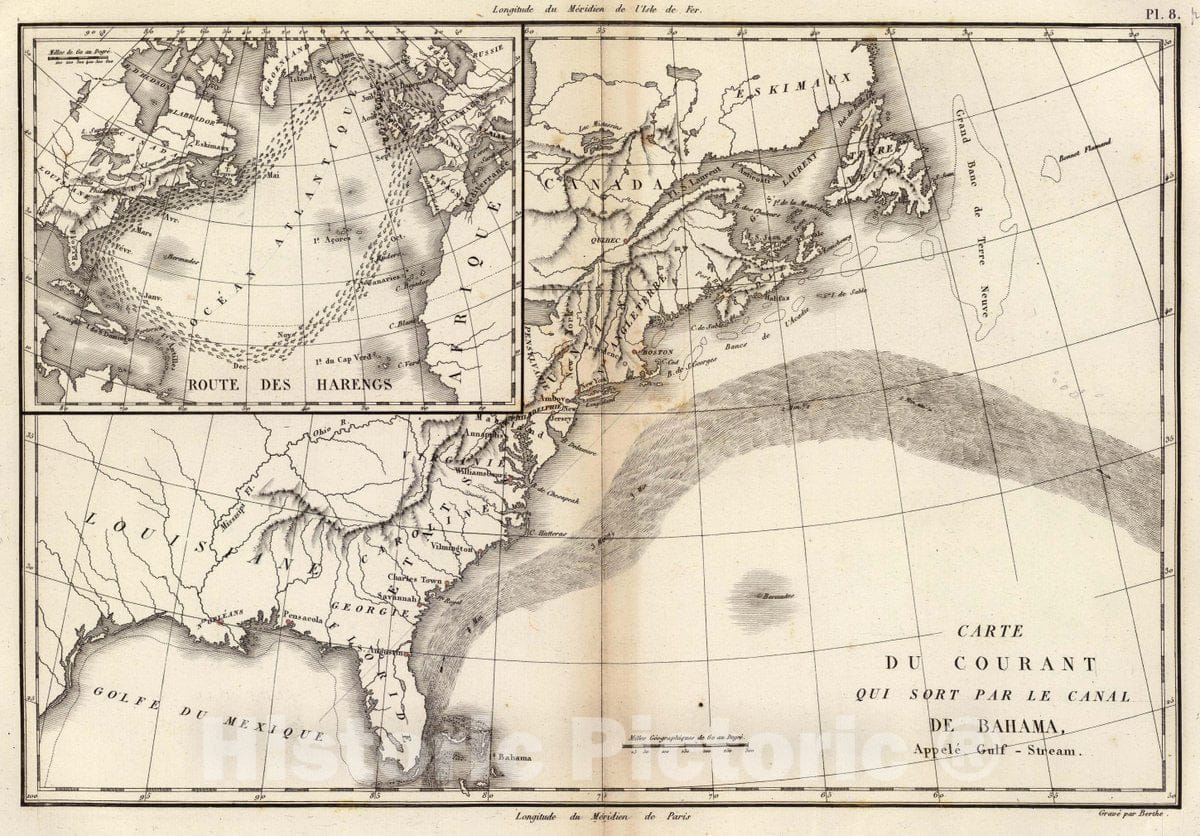 Historic Map : Carte du courant qui sort par le Canal de Bahama, appele Gulf-Stream. Grave par Berthe, 1827 Atlas - Vintage Wall Art