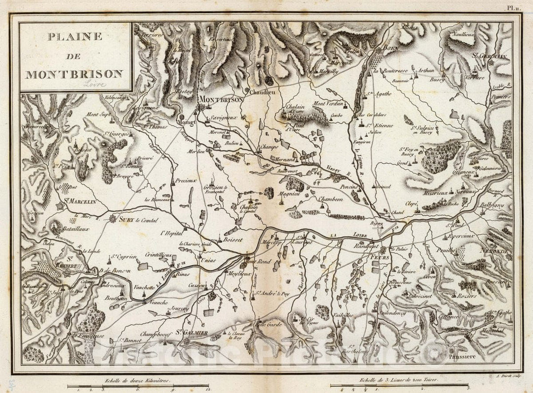 Historic Map : France, Montbrison Region (Loire, France) Plaine de Montbrison. A. Poiret sculp, 1827 Atlas , Vintage Wall Art