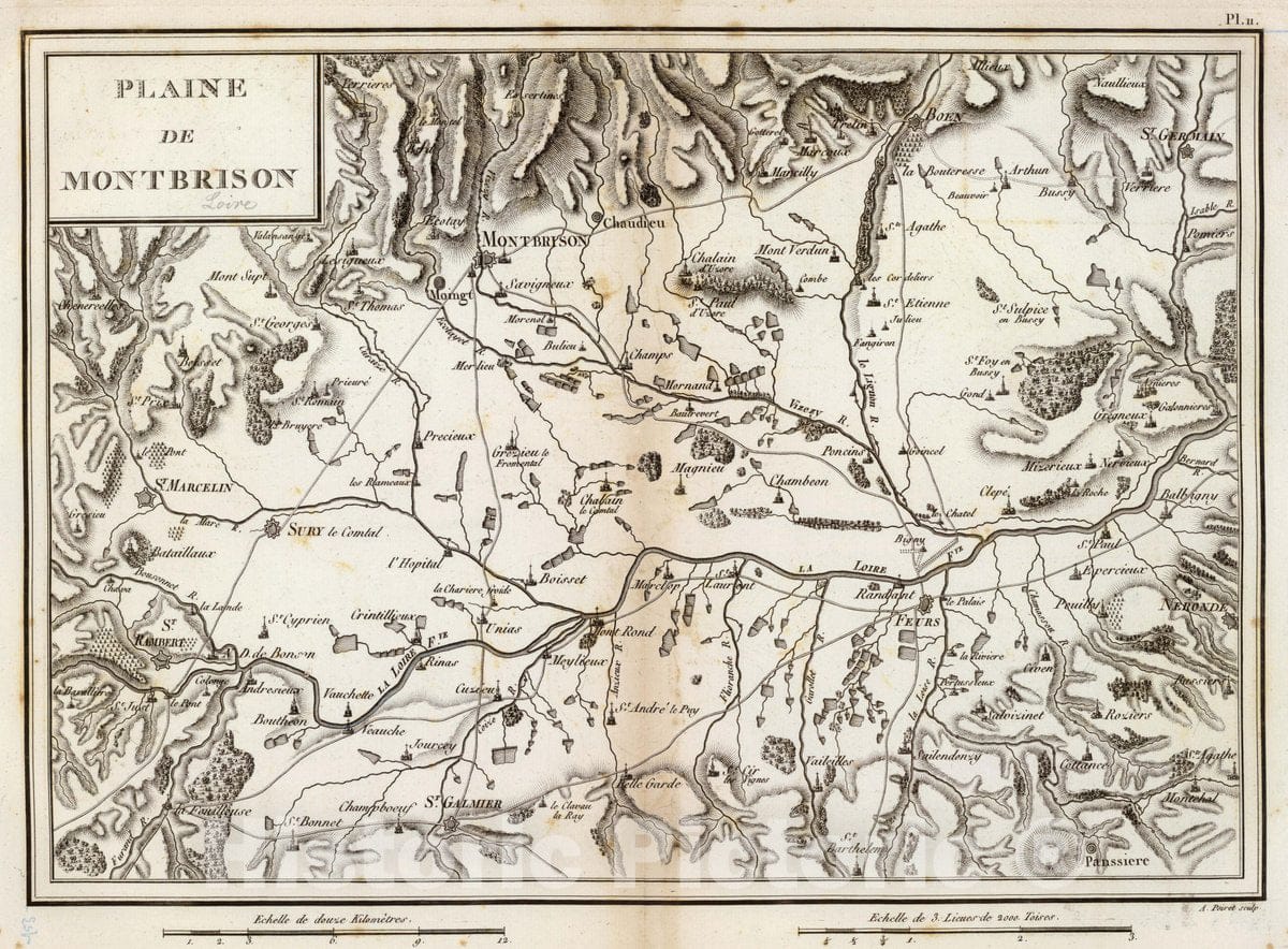 Historic Map : France, Montbrison Region (Loire, France) Plaine de Montbrison. A. Poiret sculp, 1827 Atlas , Vintage Wall Art