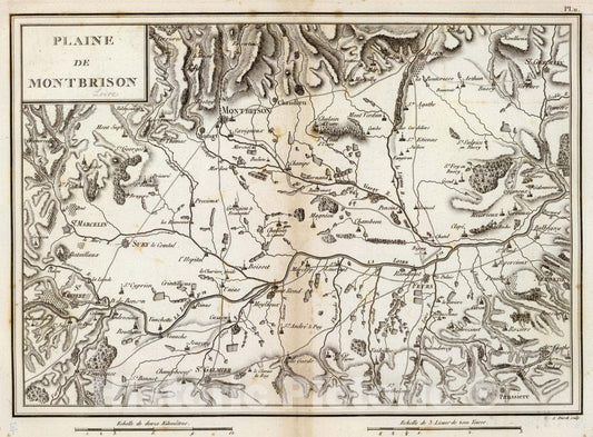 Historic Map : France, Montbrison Region (Loire, France) Plaine de Montbrison. A. Poiret sculp, 1827 Atlas , Vintage Wall Art