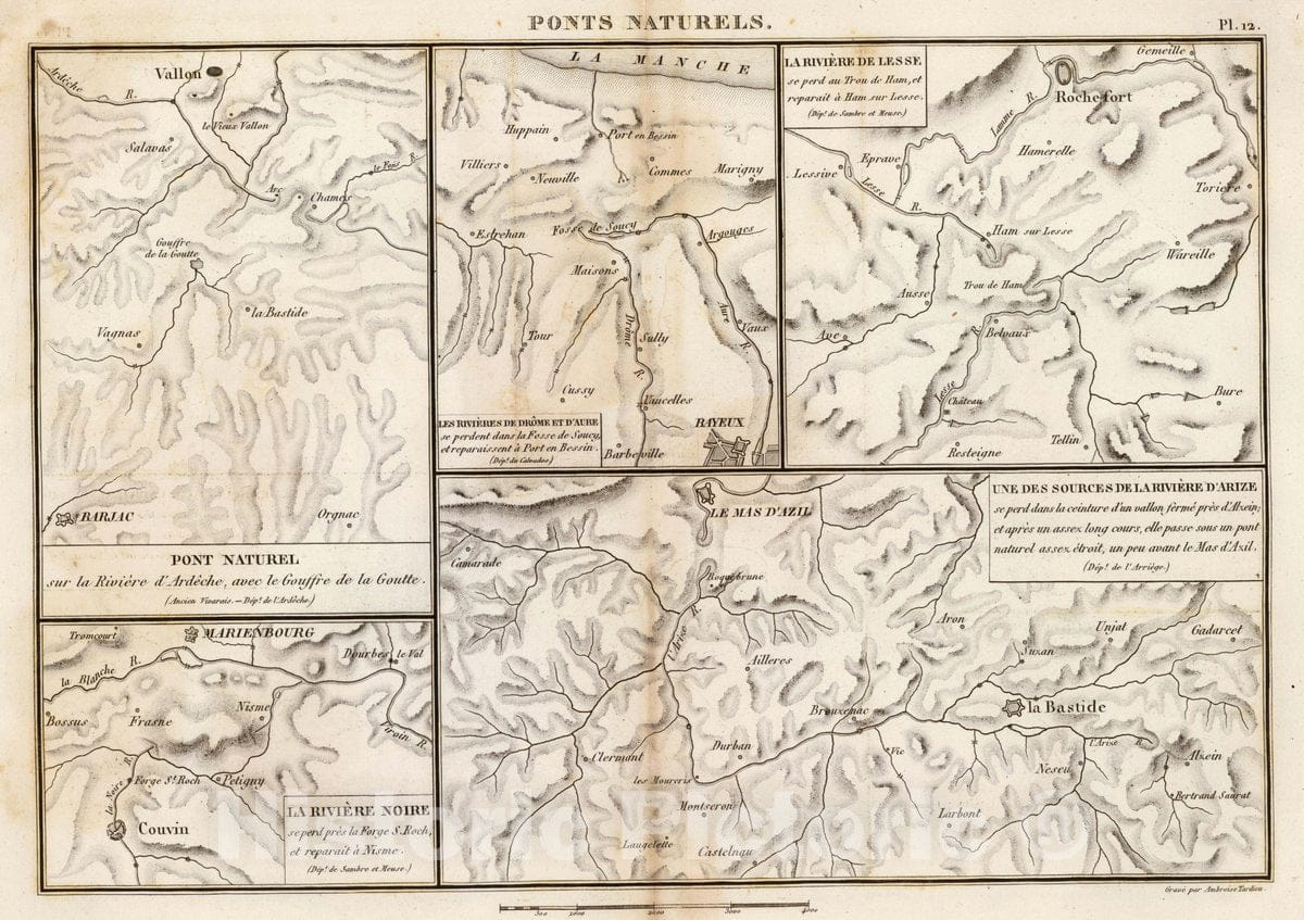Historic Map : Belgium; France, Ponts naturels. Grave par Ambroise Tardieu, 1827 Atlas , Vintage Wall Art